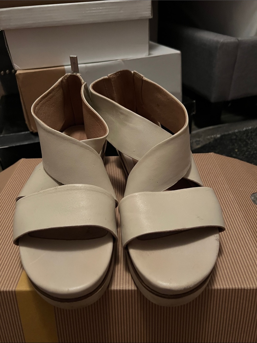 Women's Cream Leather Crossover Sandal
